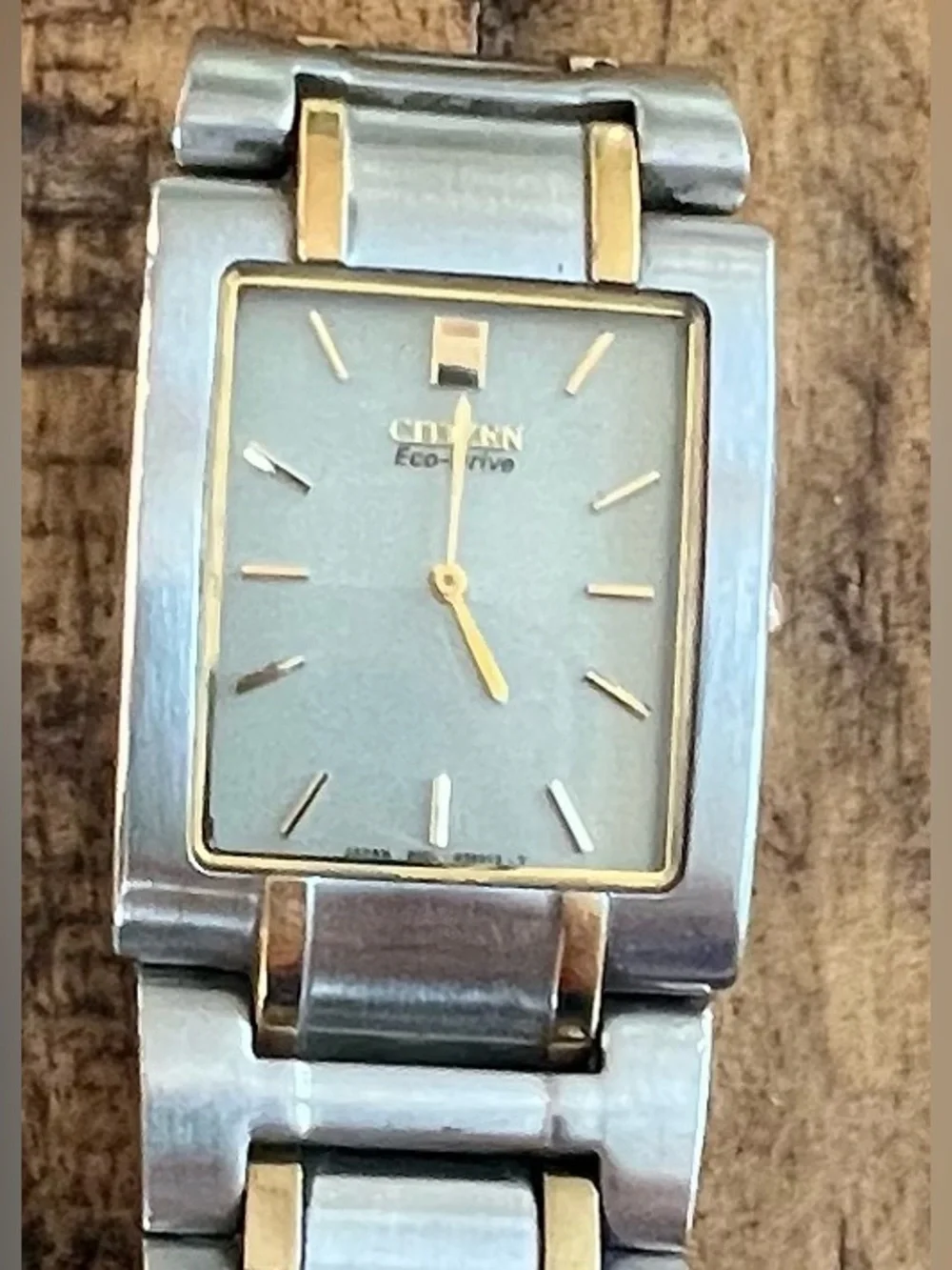 Men’s Citizen Eco-Drive Two Tone Silver Gold Rectangular Stainless Steel Watch